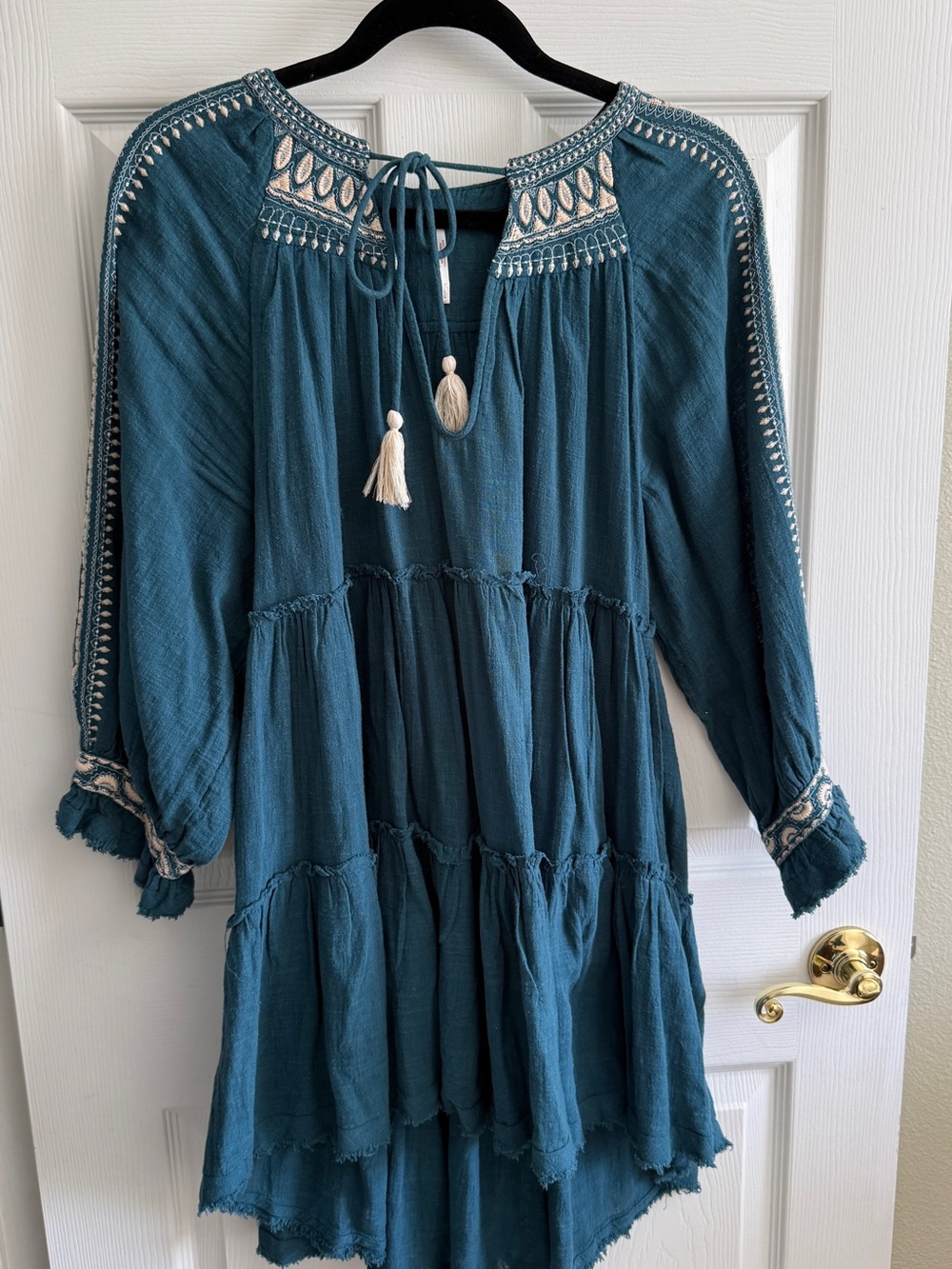 Free People Teal Embroidered Boho High-Low Dress L